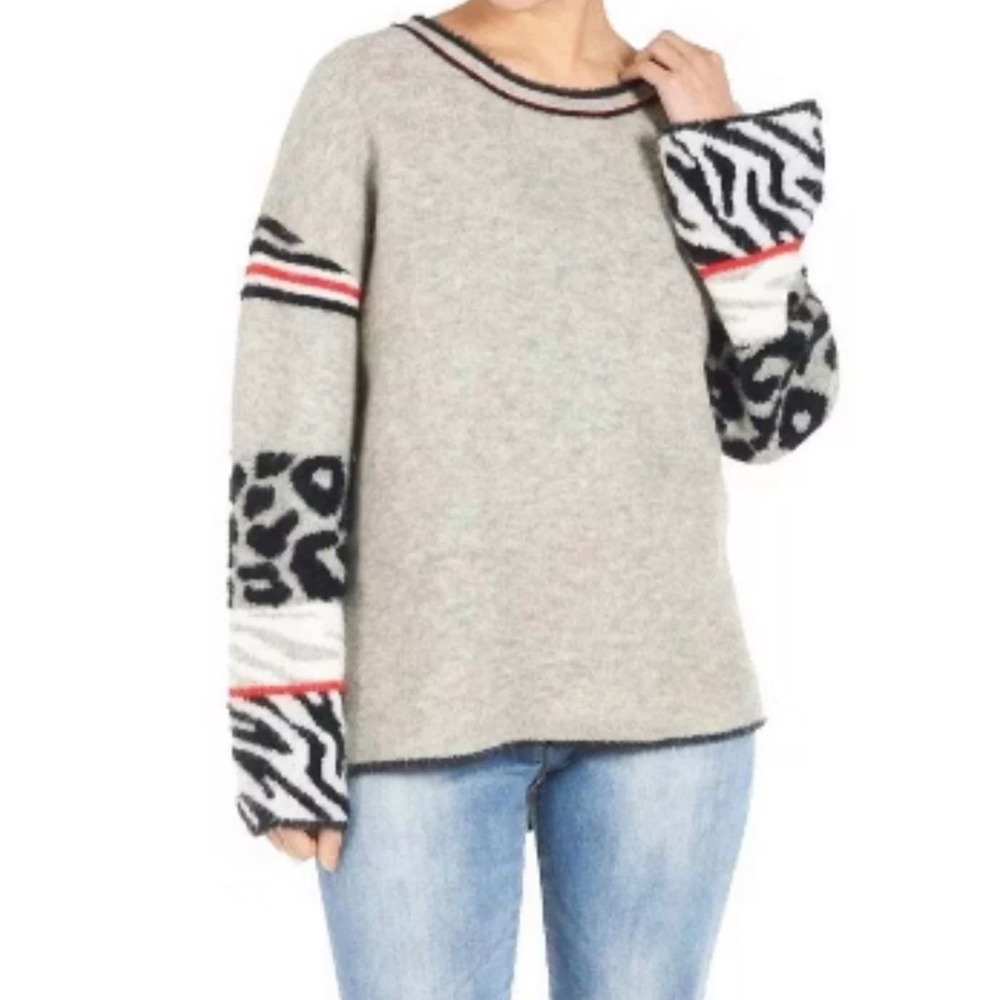 Coco + Carmen Women Gray Mixed Animal Print Leopard Zebra Sleeve Sweater SM